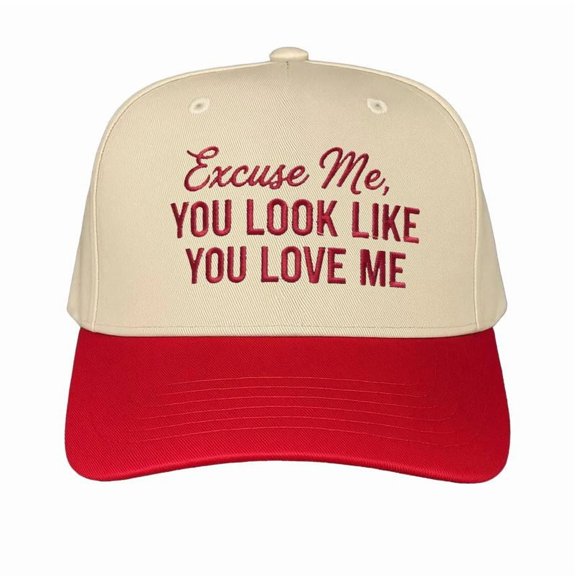 Excuse Me, You Look Like You Love Me Embroidered Trucker Hat, Red and Beige Two-Tone Snapback Cap, Adjustable Fit for Men Women, Flirty and Playful Statement Hat, Perfect for Summer Dates and Gifts