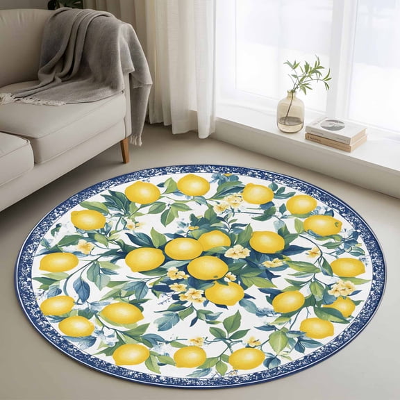 Round Rugs 4Ft, Summer Lemon Round Area Rug Washable Indoor Throw Carpet, Blue Floral Spring Botanical Retro Soft Non Slip Circle Rug for Kitchen Nursery Room Home Decor Aesthetic