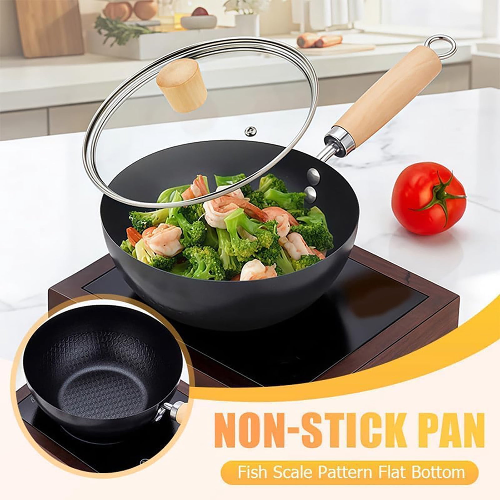 CanGonggg Fish Scale Pattern Flat Bottom Non Stick Pan Steel Woks & Stir Fry Pans Nonstick With Glass Lid For Induction Non Stick Skillet Stone Earth Frying Pan Steel Frying Pan Wide Pan Small Non
