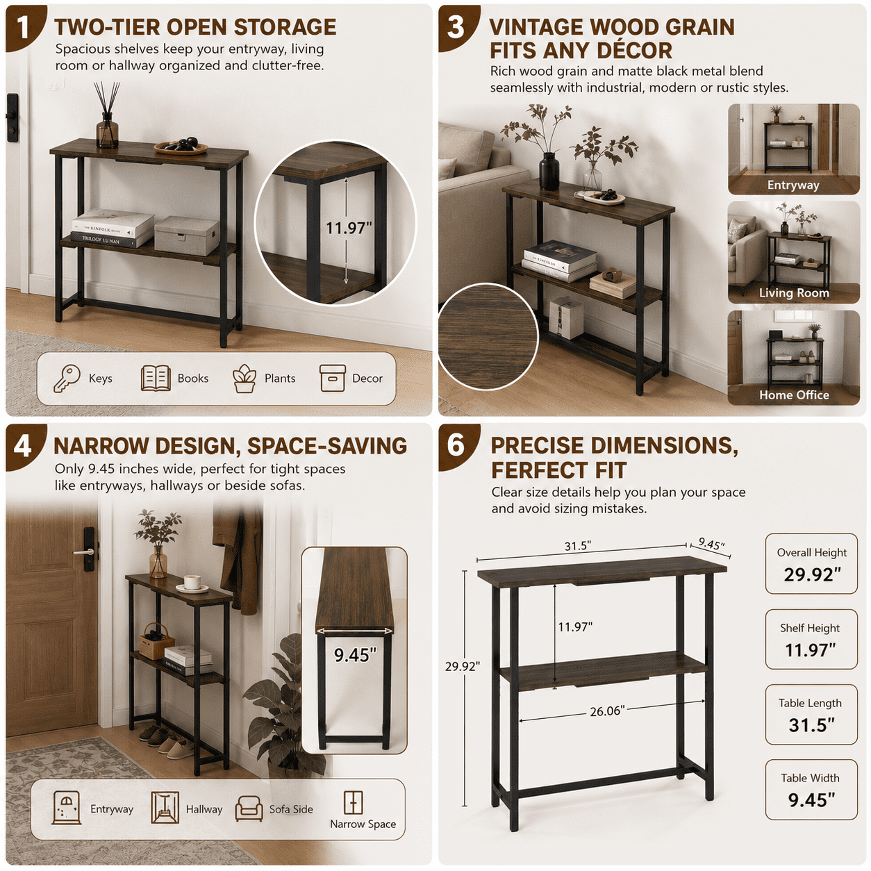 Manora Modern 2-Tier Console Table, Narrow Sofa Table with Adjustable Feet for Entryway, Living Room, Charcoal Gray