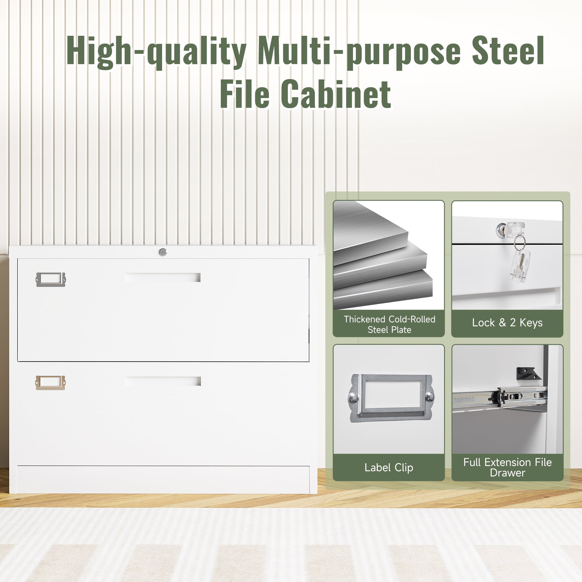 AUHUP 2 Drawer File Cabinet with Lock, Metal Lateral Filing Storage Cabinet Fits Letter/Legal/F4/A4 Size, File Cabinets for Home Office (White-Assembly Required)