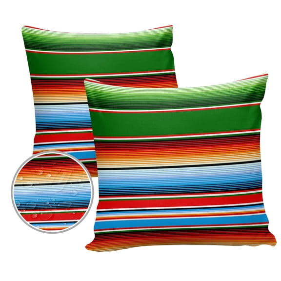 Pack of 2 Outdoor Pillow Covers, Colorful Mexican Stripes Green Blue Waterproof Square Throw Pillowcase Cushion Decorative Pillow Covers for Couch Patio Tent, 18x18 in
