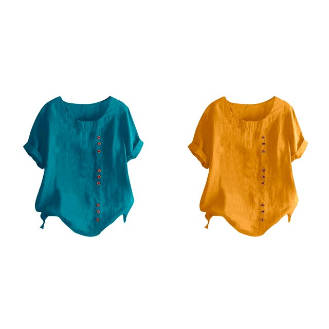 (Lot de 2) Rinsvye Chemise à Col Roulé Manches Longues Col Roulé Manches Raglan Fendue Ample Manches Courtes Bouton Décoration Décontractée pour Femmes