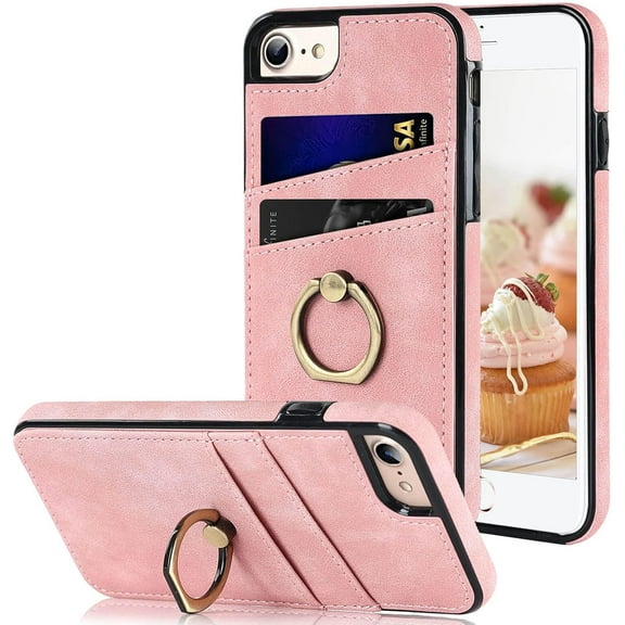 Designed for iPhone 8 Case/iPhone 7 Case/iPhone SE 3rd Generation Case/iPhone SE 2020 Case/,Card Holder Kick-stand,Ring Holder Stand,Shockproof Leather Protective Wallet Cover (4.7-inch) (Pink)