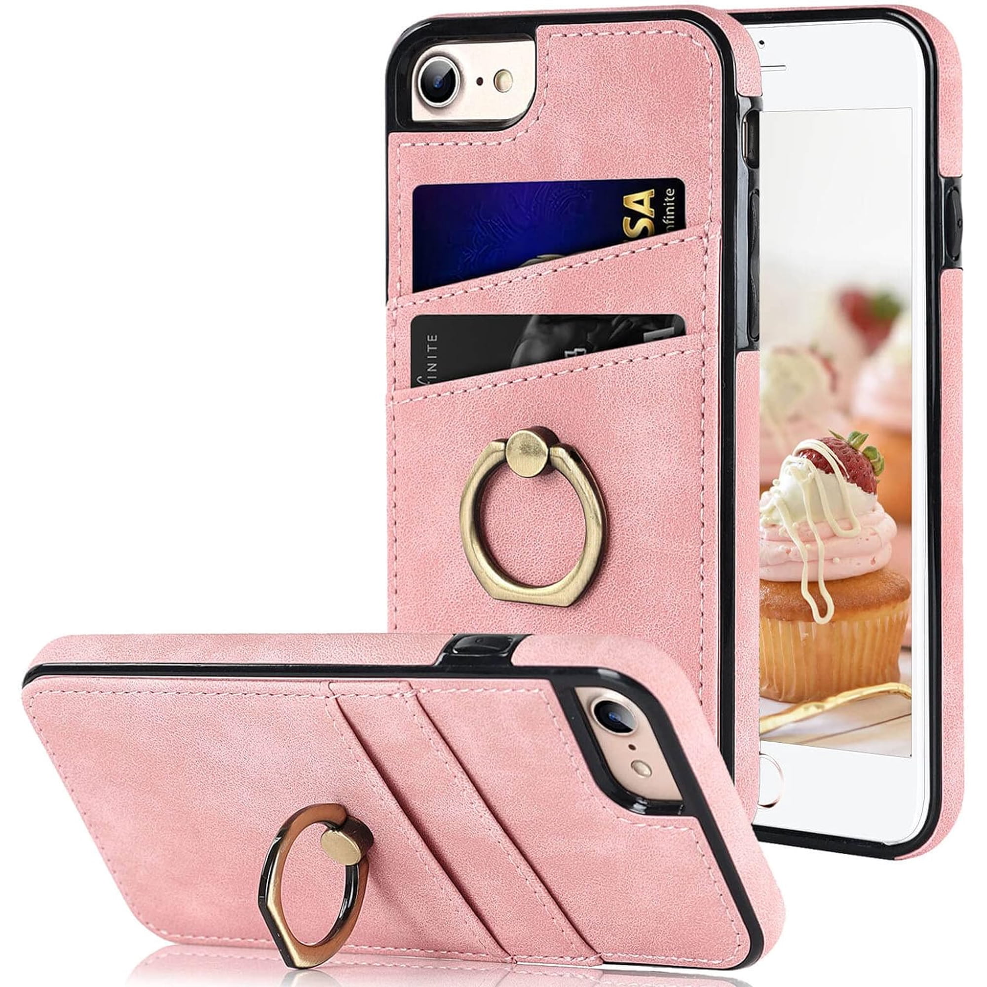 Designed for iPhone 8 Case/iPhone 7 Case/iPhone SE 3rd Generation Case/iPhone SE 2020 Case/,Card Holder Kick-stand,Ring Holder Stand,Shockproof Leather Protective Wallet Cover (4.7-inch) (Pink)