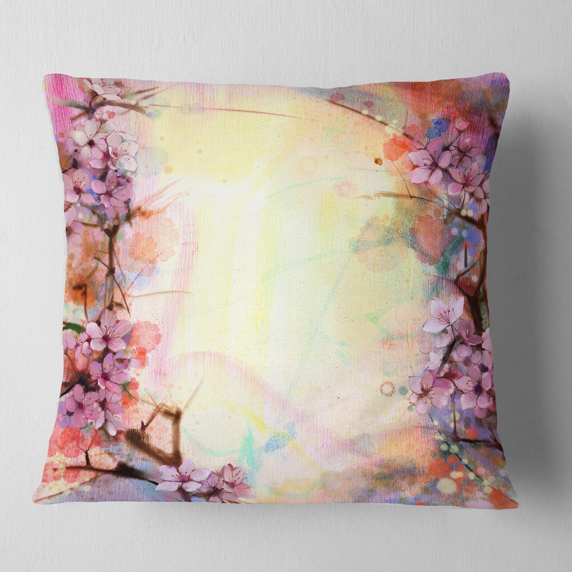 Designart Pink Sakura on Blurred Background - Floral Throw Pillow - 18x18