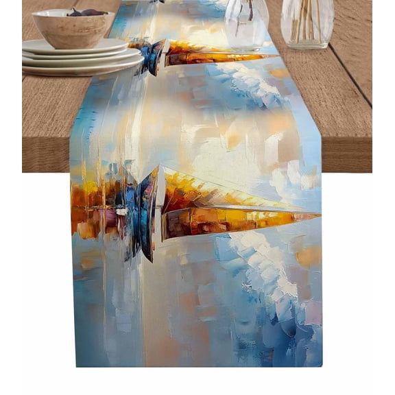 Ldtrchee Nautical Ship Table Runner 48 Inches, Yellow Blue Modern Oil Painting Abstract Bed Runner Dresser Scarves Tabletop for Indoor Outdoor Parties/Ceremony/Banquet, 13" x 48"