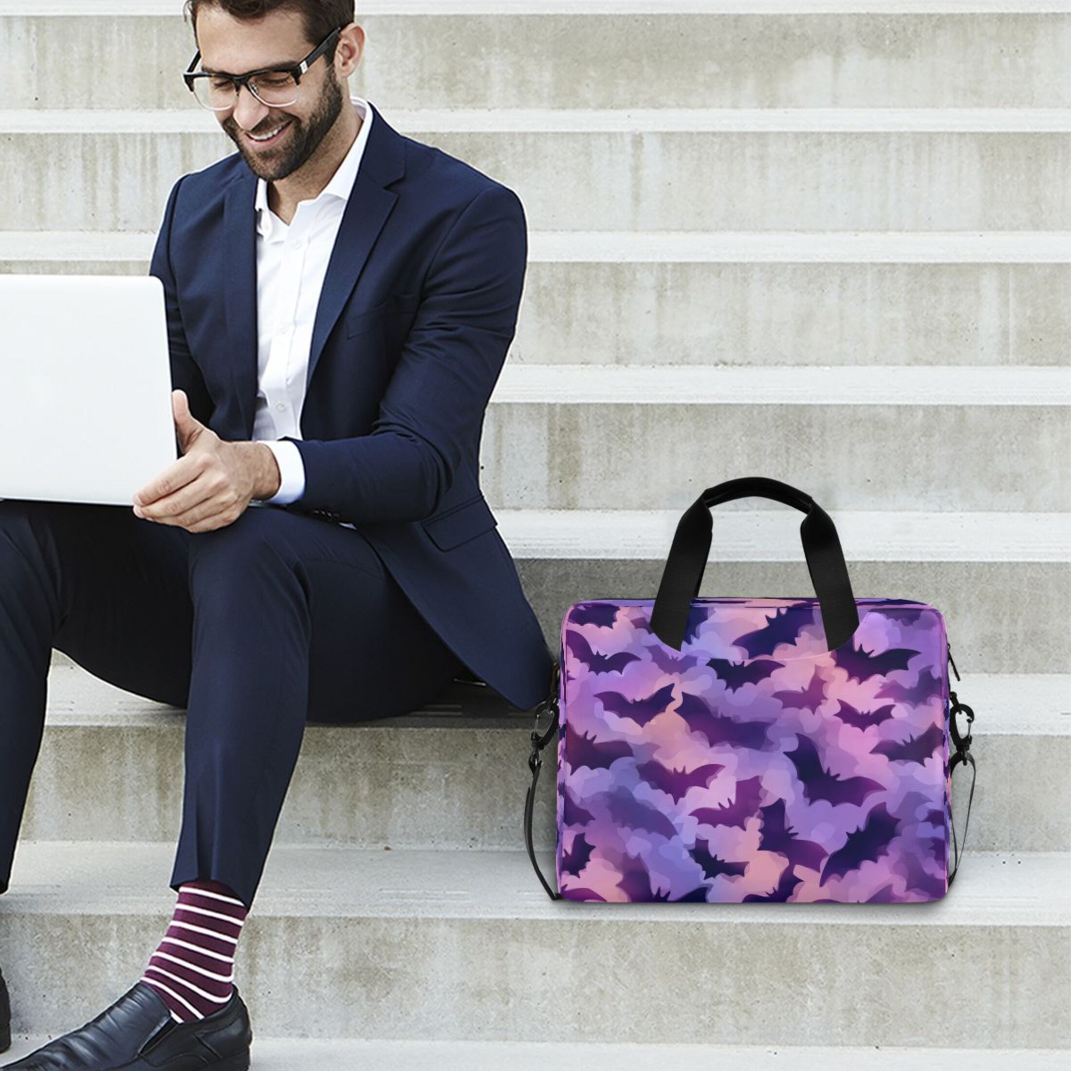 16" Laptop Tote Bag Laptop Sleeve Case Computer Briefcase for Work & Travel Purple Bats Pattern