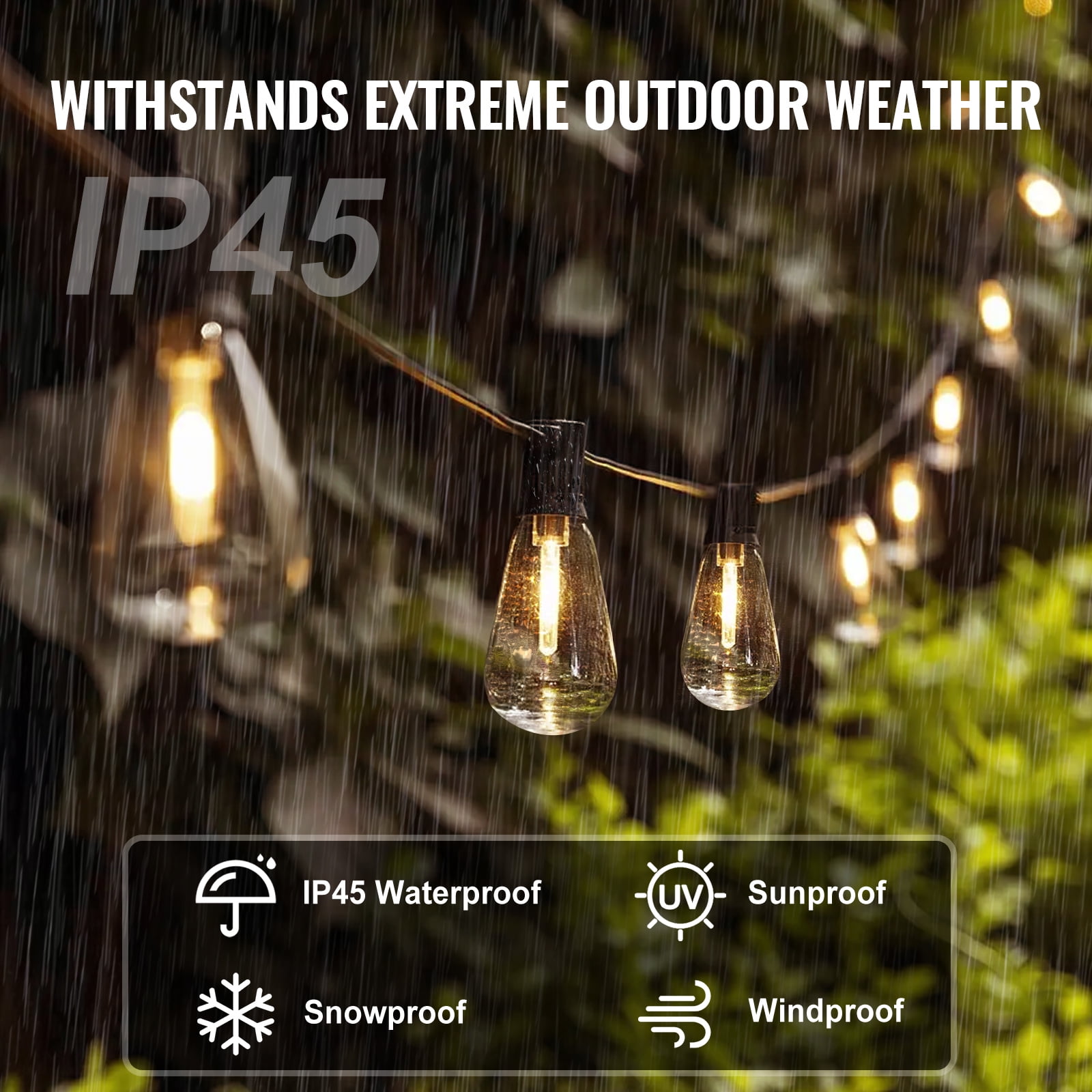 VEVOR LED Outdoor String Lights, 50FT, 2700K Dimmable Outside Patio Lights with 15 S14 Shatterproof Bulbs E12 Socket Base, Waterproof Hanging Lights for Porch Backyard Balcony Deck Party Decor