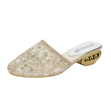 

Puawkoer Fashion Summer Women Sandals Solid Color Sequin Mesh Breathable Thick Heel Casual Style