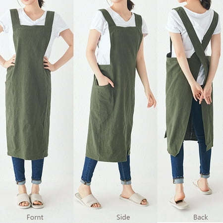 

huanledash Solid Color Flax Greaseproof Housework Cooking Pocket Apron without Waist Ties