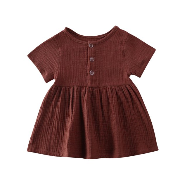Robe pour Nouveau-Né Fille à Manches Courtes, Couleur Unie, Col Rond, Boutonnée, en Coton et Lin, Robe Décontractée (80/90/100/110)