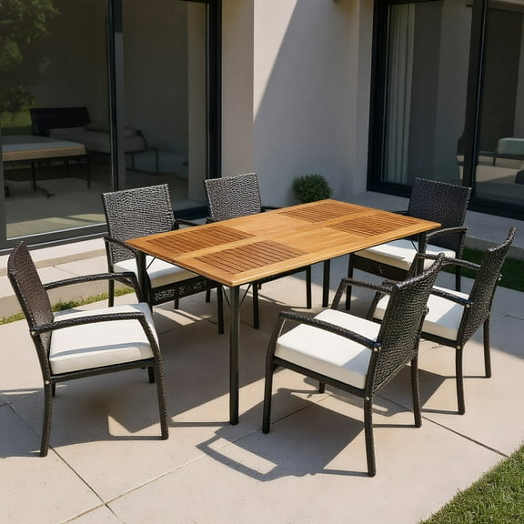 GVN Garden Dining Sets,Patio Table Sets,7PCS Patio Rattan Cushioned Dining Set with Umbrella Hole