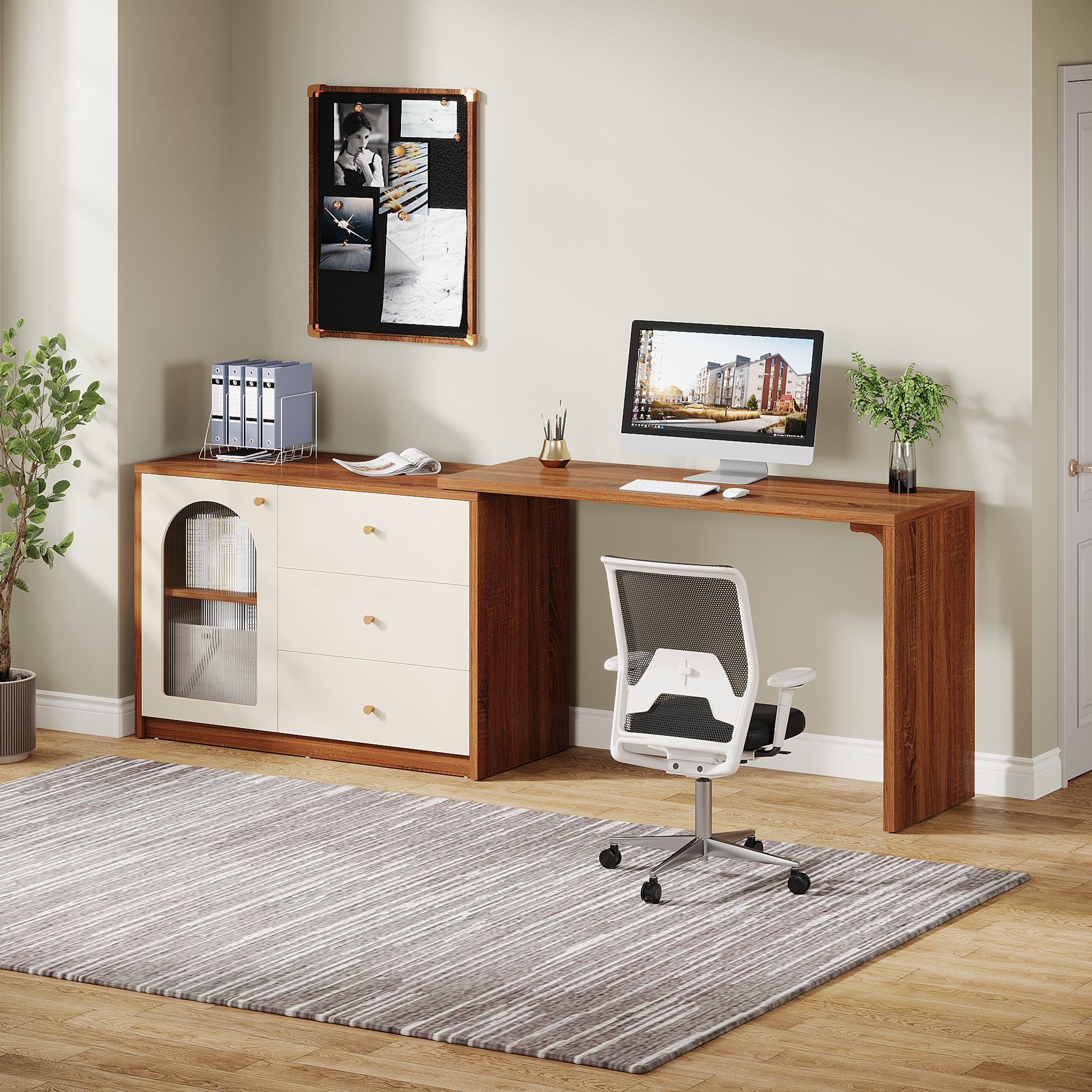 Tribesigns L Shaped Computer Desk with Drawers, Modern Corner Home Office Desk with Reversible Storage Cabinet, Rustic Brown & White, 1 Count