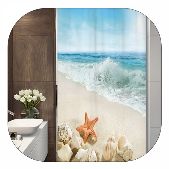 AUQ 2026 New Small Shower Curtain 36Wx72H Inch Half Beach Starfish Ocean Seashell Coastal Sea Wave Seaside Island Summer Scenery Decor Fabric Polyester Waterproof Fabric 7 Pack Plastic Hook