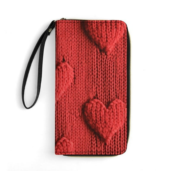 Womens Wallet Bifold Ladies Cluth Bag Wristlet Wrist Strap Long Purse Knitted Red Heart Pattern Design