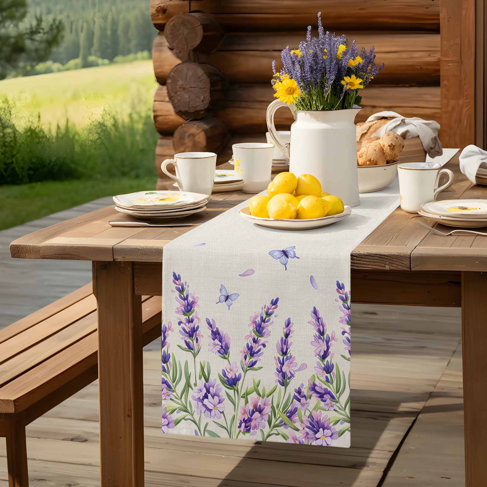 Vintage Lavender on Linen Table Runner 90 Inches Long, Country Floral Art Table Runners Tabletop Scarf Kitchen Dining Tables Decoration for Home Party Indoor Outdoor