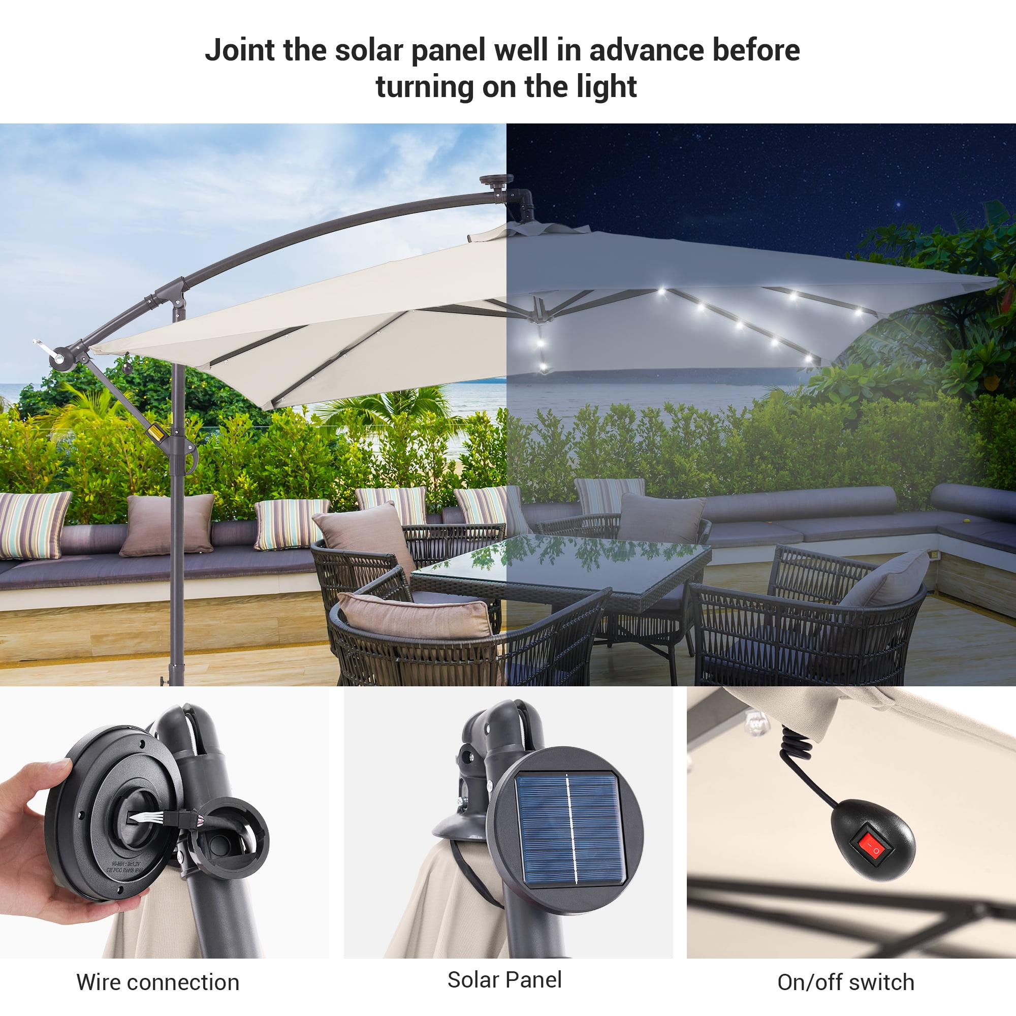 ACEGOSES 8.2x8.2ft LED Square Outdoor Patio Canopy Offset Umbrellas for Villa Gardens, Lawns and Yard,Beige