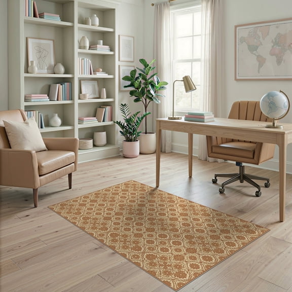 ODIKA 4'x6' Boho Diamond Accent Tile Design Antique Repeating Motif Warm Cream Washable Area Rug None Non-Slip, Chair-Friendly, Flatwoven for Home Office, Under Desk
