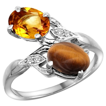 Citrine Tigers Eye Bracelet - 14k White Gold Diamond Natural Citrine & Tiger Eye 2-stone Ring Oval 8x6mm, sizes 5 - 10