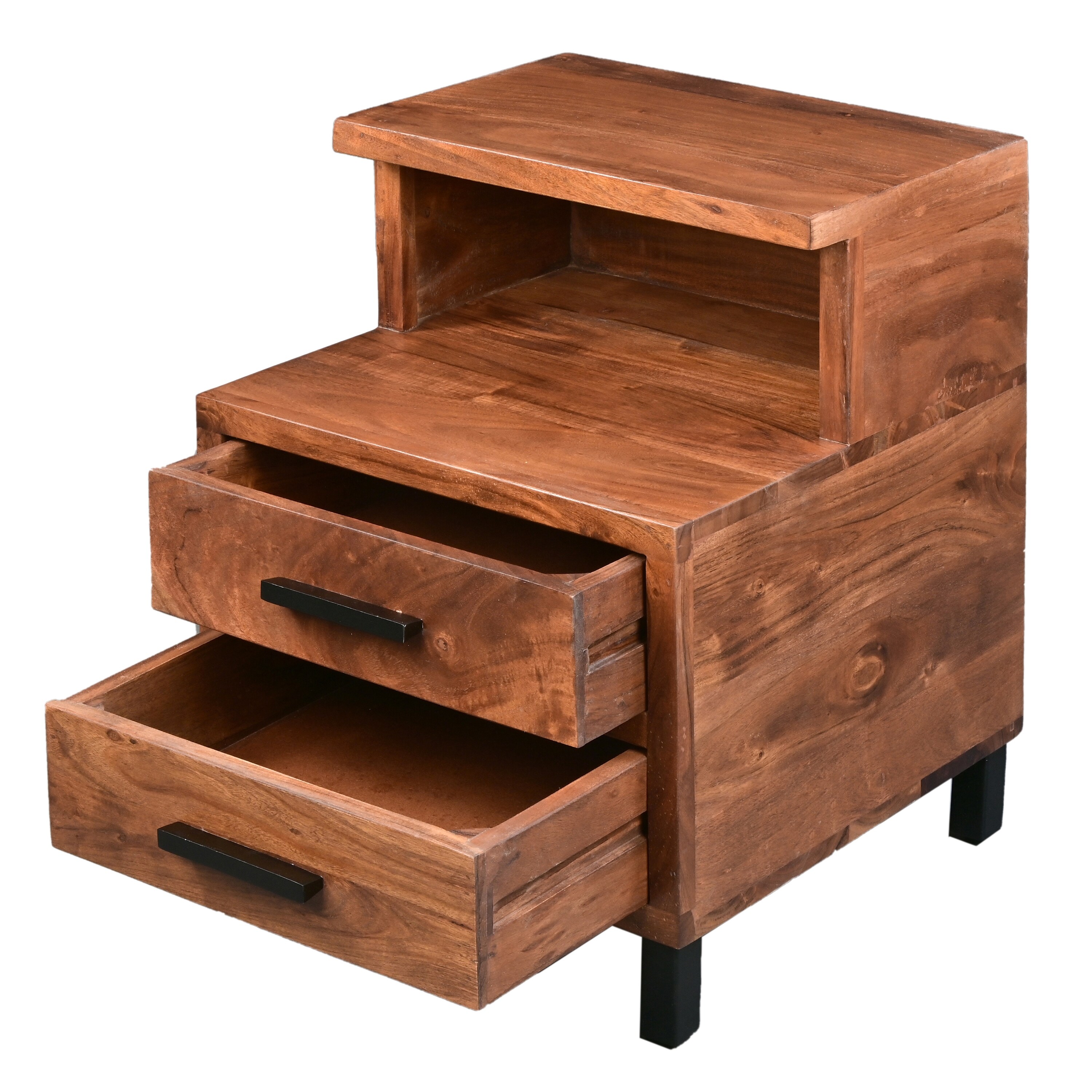 22 Inch Acacia Wood Nightstand, Bedside Table with 2 Drawers and Open Cubby, Walnut Brown - image 5 of 5