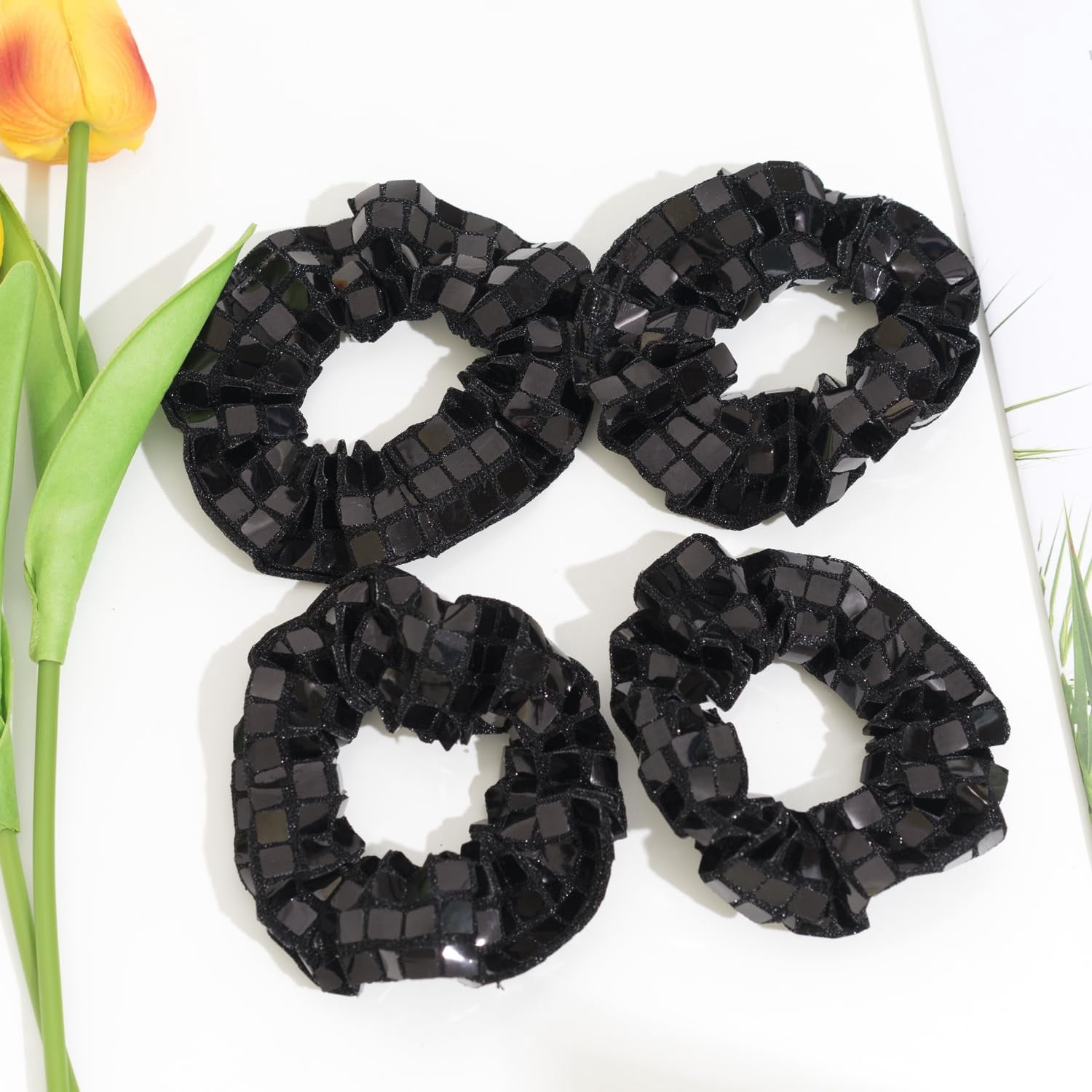 -12 Pack Disco Sequin Scrunchies Sparkly Cheer Scrunchies Cheer Pack Gifts Cheer Hair Accessories for Women Cheer Teams Birthday Party (Black)