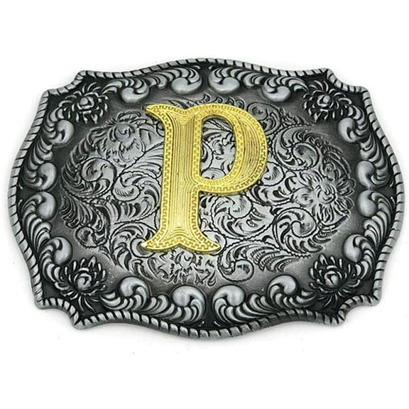 Western Belt Buckle Initial Letters ABCDEFG to Y-Cowboy Rodeo Silver Large Belt Buckle for Men and Women