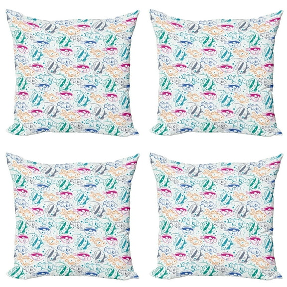 Ambesonne Fish Throw Pillow Cover 4 Pack, Retro Cartoon Style, 24", Multicolor