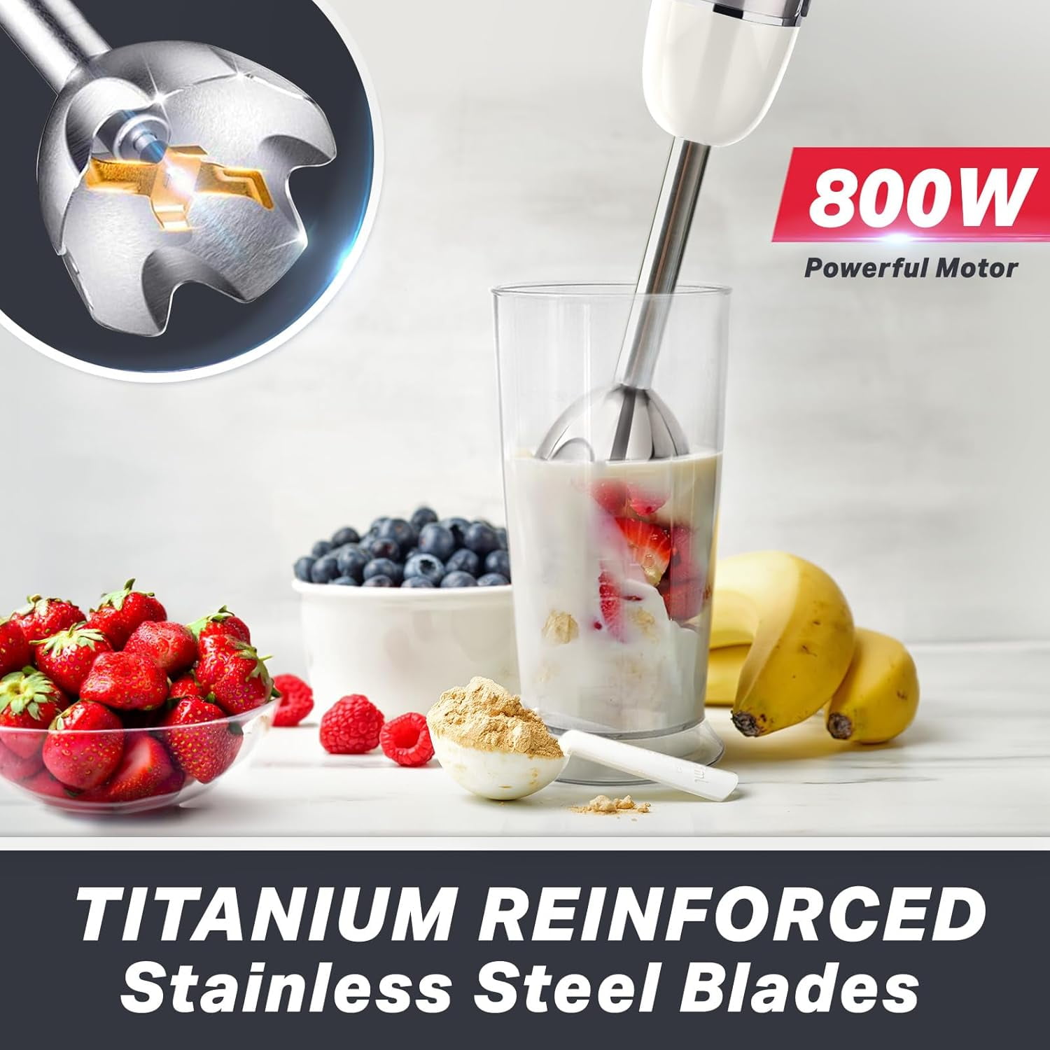 Mueller Multistick 800W 5-in-1 Immersion Blender Handheld, 12 Speed Hand Mixer - Turbo Boost, Heaviest Duty Copper Motor, Titanium Blades Blenders for Kitchen, Milk Frother Wand, Whisk, White