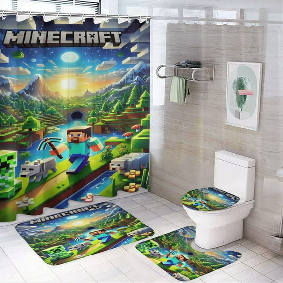 Minecraft Power 4 Pcs Shower Curtain Sets Non-Slip Rugs Bath Mat Toilet Cover U Shaped Mat for Bathroom Decor Bathroom Set 72" X 72"