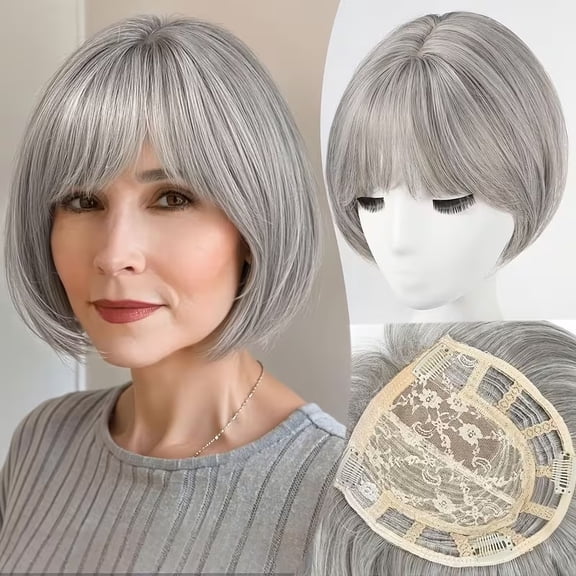 Silver gray women's short bob wig straight hair with bangs synthetic fiber hair piece suitable for thin hair