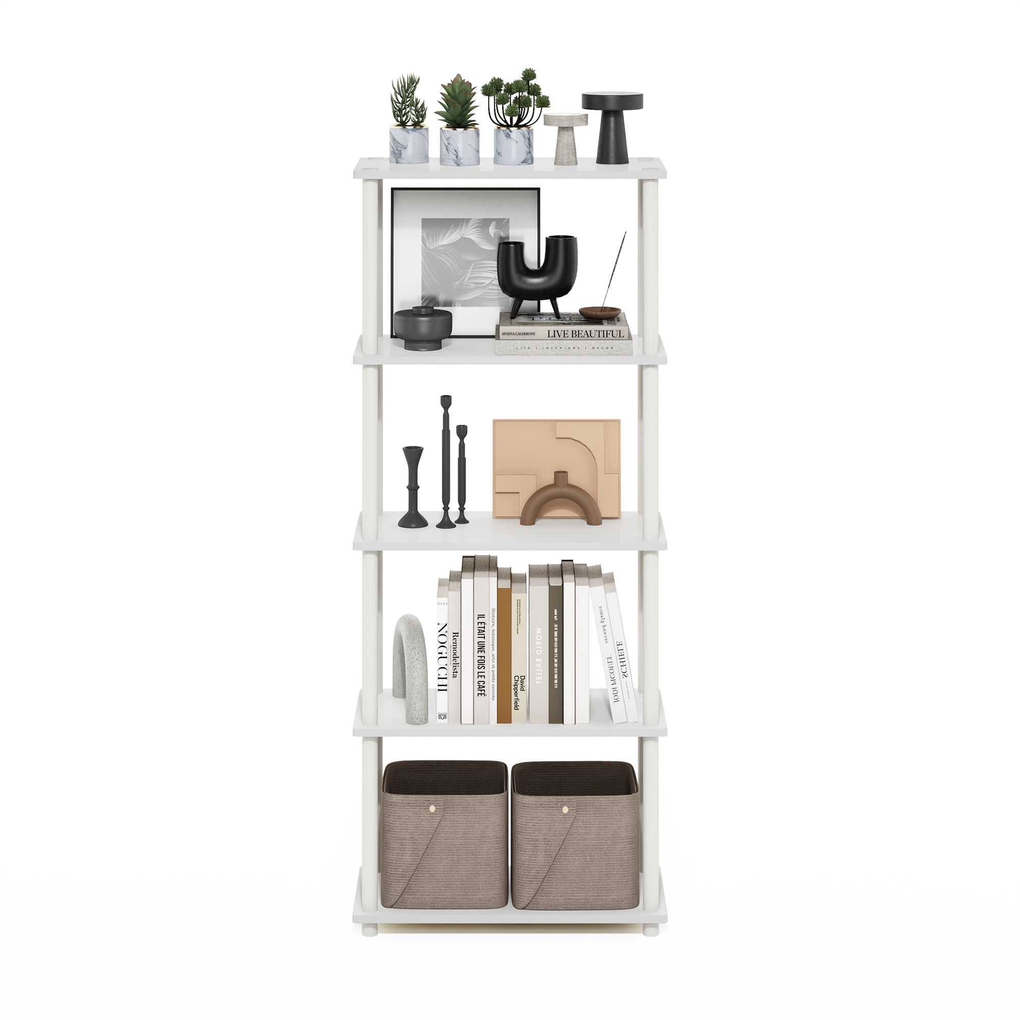 Furinno Rata 5-Tier Industrial Multipurpose Flat Base Shelf Display Rack with Metal Frame, Narrow, Columbia Walnut