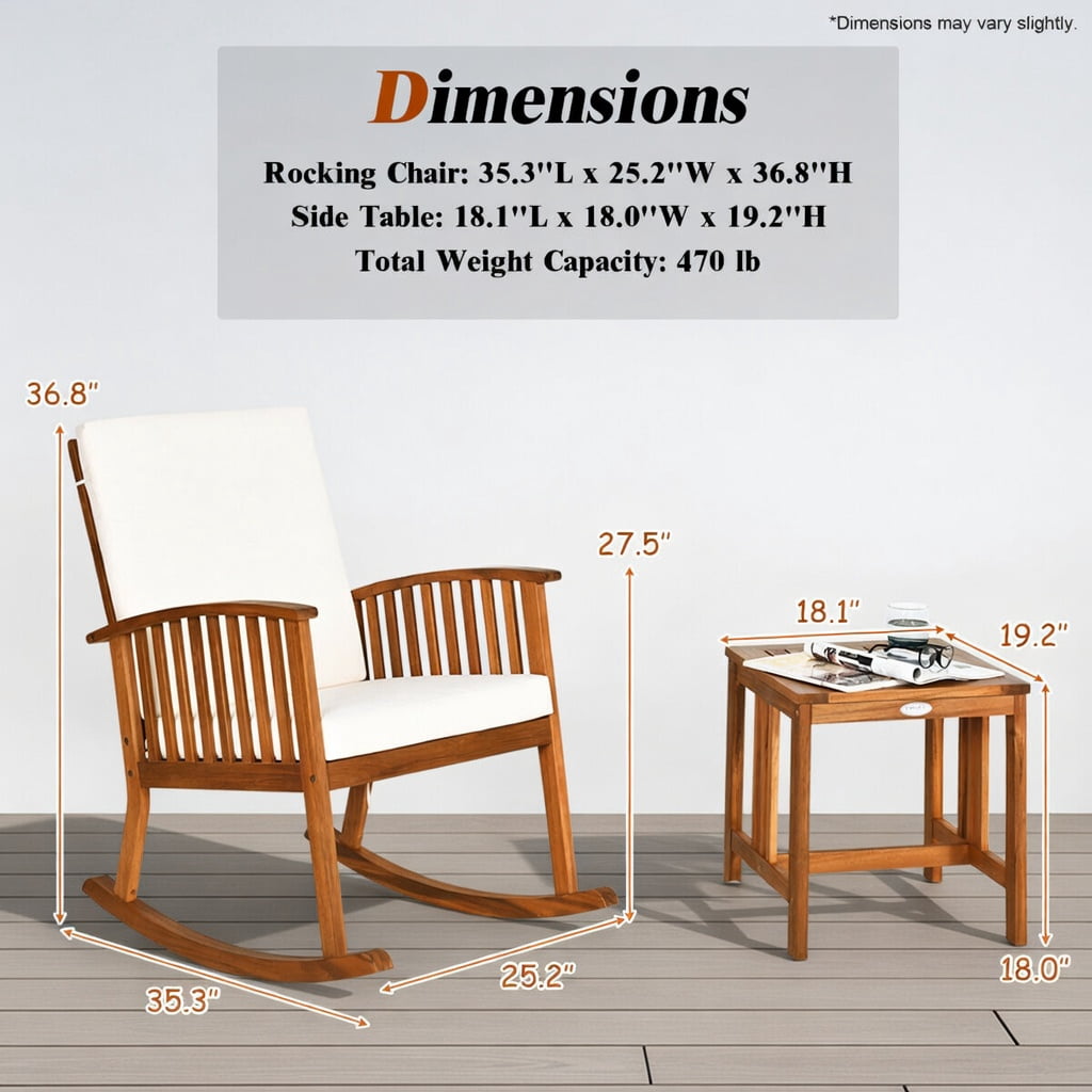 Hommoo 2-Piece Acacia Wood Rocking Chair & Side Table Set with Removable Cushions, Teak Outdoor Patio Furniture for Deck, Backyard, Balcony, and Indoor Living Room, Natural