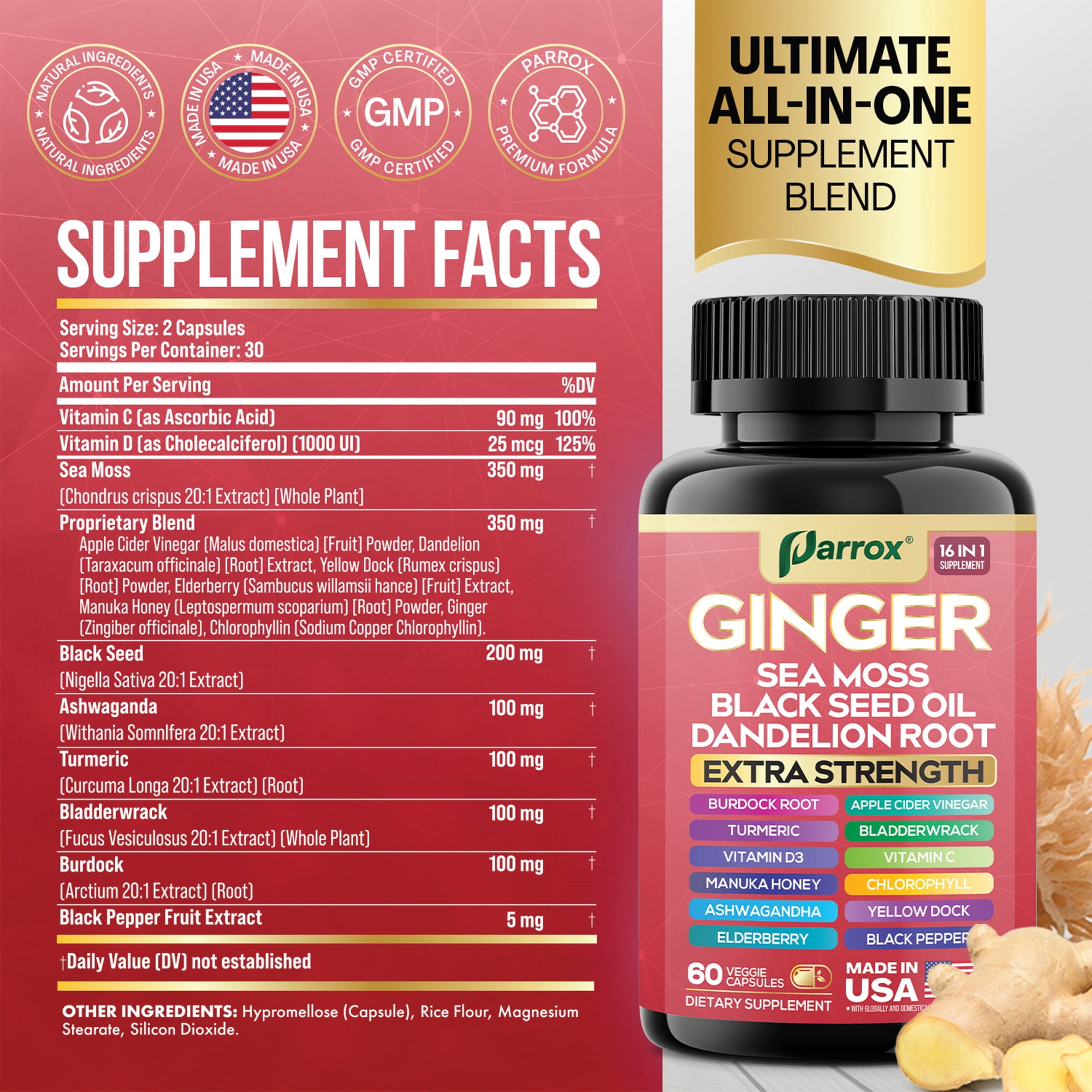 Ginger Black Seed Oil Ashwagandha Turmeric Bladderwrack Burdock Sea Moss Vitamin C Vitamin D3 Elderberry Manuka Honey Dandelion Yellow Dock Chlorophyll ACV Apple Cider Vinegar – 60 Capsules