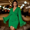 thumbnail image 4 of Surplice Neck Flare Sleeve Feather-Trimmed Asymmetrical Mini Dress, 4 of 55