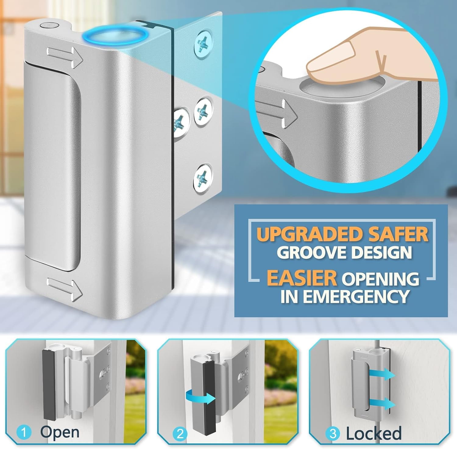 Home Security Door Lock 3 Pack Metal Door Reinforcement Lock for Kids Safety Top Front Door Child Proof Safety Lock Defend High Security Door Locks Latch Withstand 800lbs for Inside Swing Door Chain