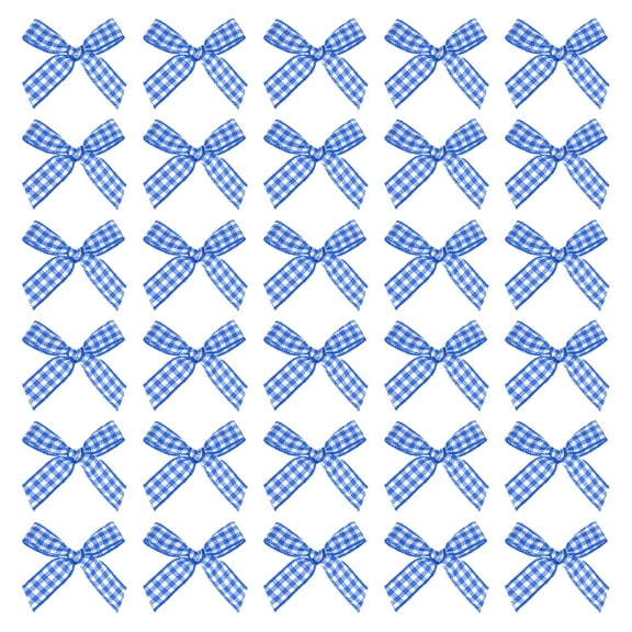50 Pcs Mini Gingham Ribbon Bows for Craft DIY Cake Sewing Wedding Birthday Party Decoration, Dark Blue White