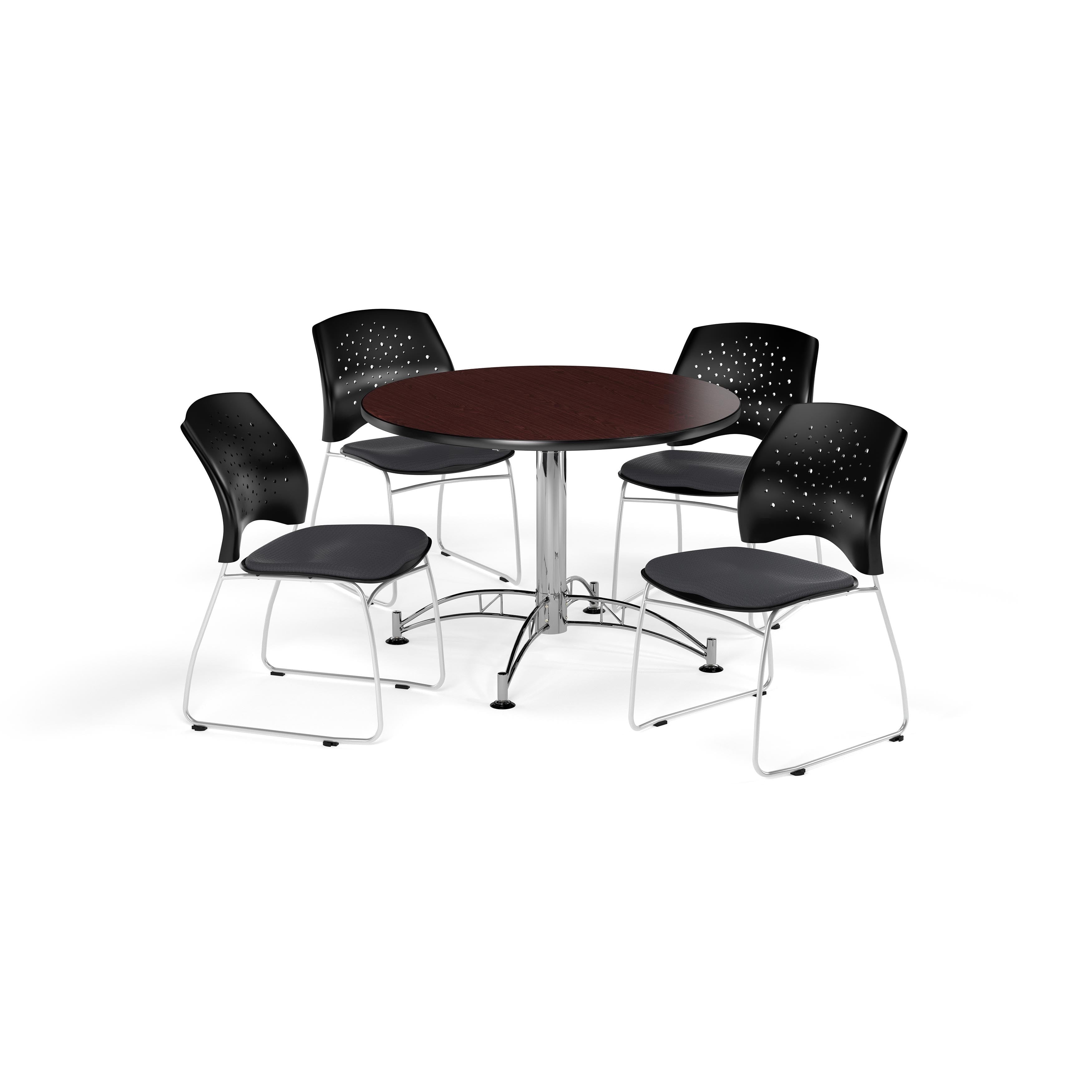 OFM Round Table 4 Fabric Stars Series Stack Chairs, Mahogany Finish with Chrome-Plated Steel Base and Lavender Seats, 42 inch