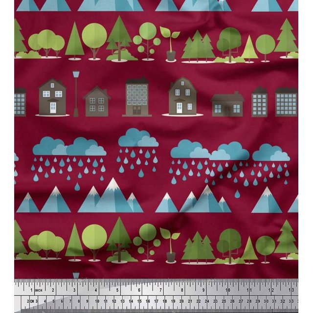 Soimoi Poly Georgette Fabric Tree,House & Raindrop Nature Print Fabric by The Yard 42 Inch Wide