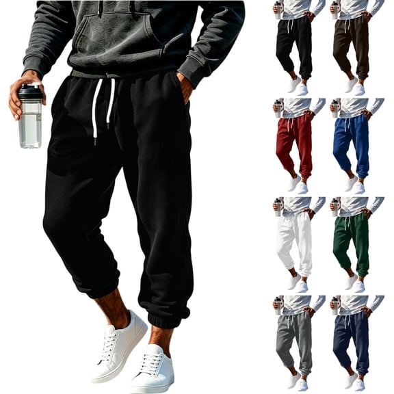 Sweatpants Pants for Men Sports Leisure Pocket Solid Color Elastic Waist Drawstring Straight Leg Retractable Hem Design Long Pants with Pocket