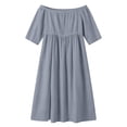 thumbnail image 7 of Women's off-the-Shoulder Cotton Linen Blend Dress Short Sleeve Lace Trim Casual Midi Dress with Side Slit for Summer Beach Vacation Gray S(S), 7 of 7