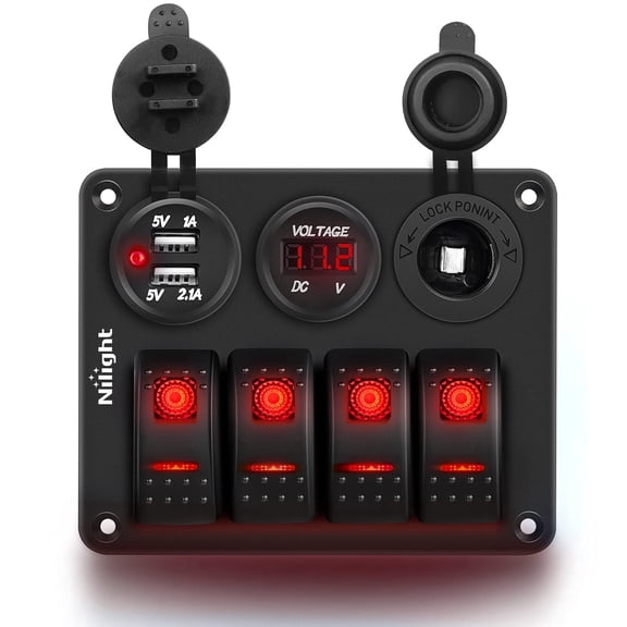 Nilight 4Gang Rocker Switch Panel with USB Charger Voltmeter and Cigar Lighter 12V 24V Toggle Switch ON Off Rocker Switch Red with Night Glow Stickers for Cars Rvs Trucks,2 Years Warranty