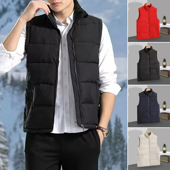 Men Thermal Waistcoat Stand Collar Sleeveless Solid Color Cotton Vest with Pockets Zipper Placket Windproof Warm Bottoming Vest Jacket