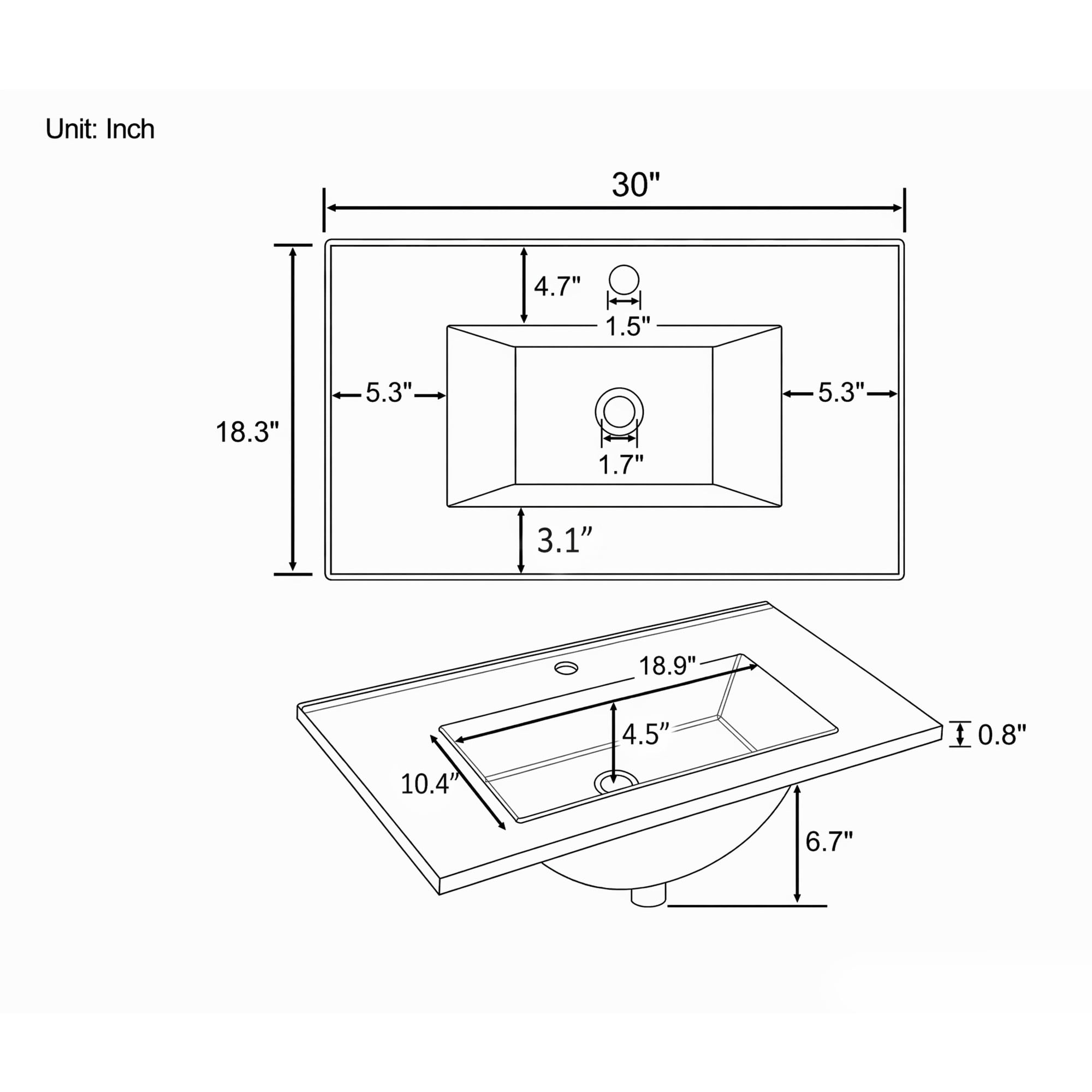 Leumius 30" Ceramic Basin Sink,Ultra-Thin 0.8" Profile,Single Faucet Hole,Wall-Mount or Vanity Ready,White