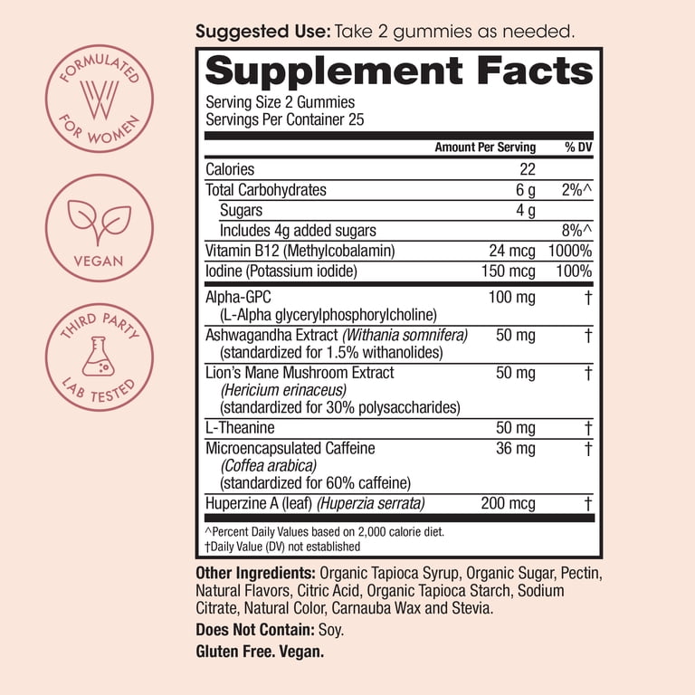 Winged Wellness Rise up Energy & Focus Gummies, Women's Supplement, 50  Gummies