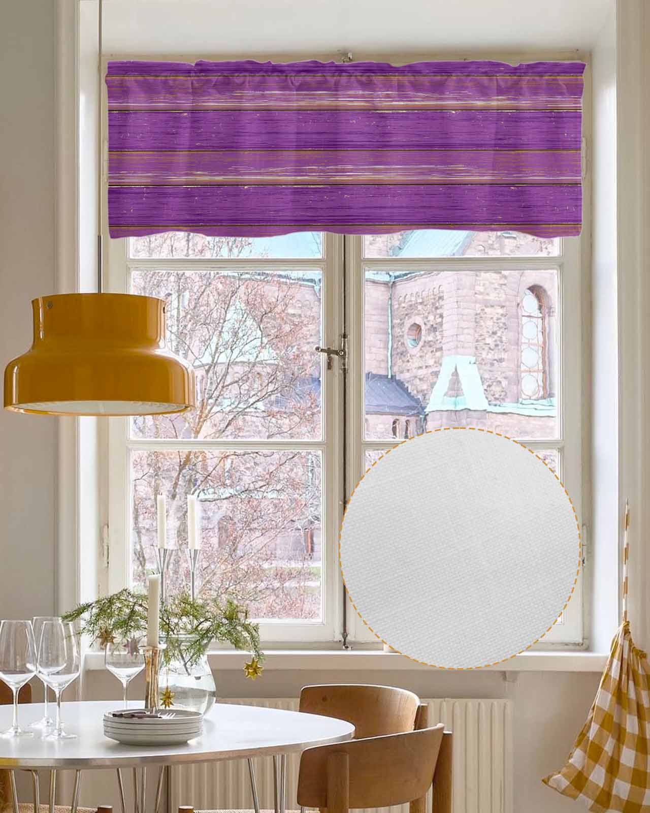 Purple Wood Grain Kitchen Valances for Windows Farmhouse Linen Window Valance Curtain for Living Room Window Treatment Farmhouse Plank Retro Country Valance Rod Pocket Topper Drape, 42 x 18 Inch