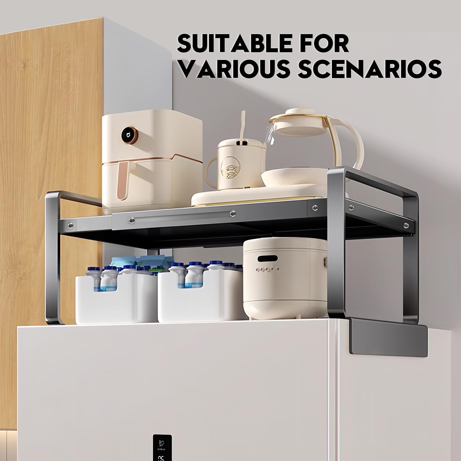 Adjustable Refrigerator Storage Rack - Expandable Metal Shelf Organizer for Kitchen, Laundry Room, Dorm - L-Shaped Design, Heavy Duty Space Saver