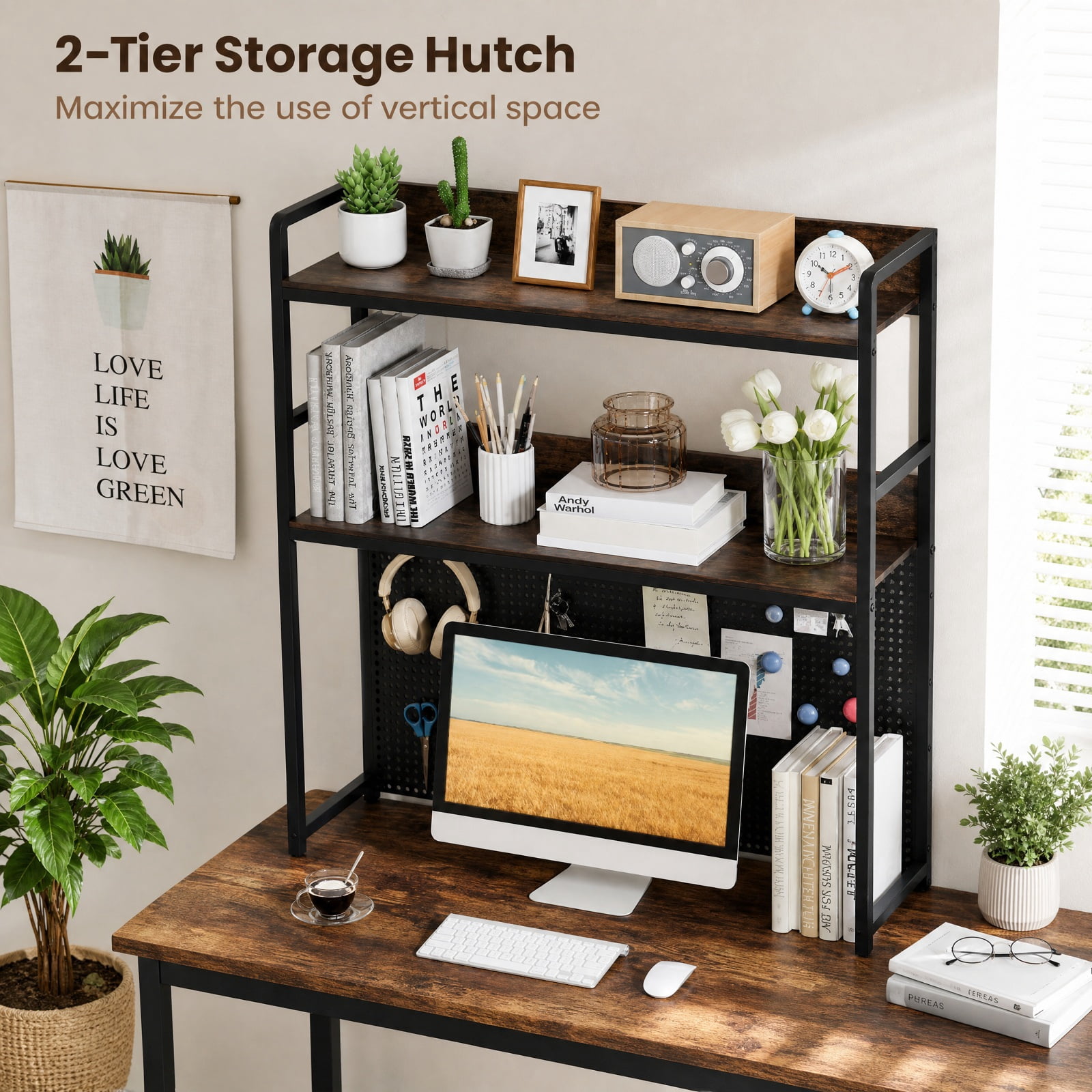 Furnibear Multipurpose 2-Tier Desktop Bookshelf with Pegboard for up to 32 Inch Computer Monitor for Living Room Home Office Bedroom, Rustic Brown