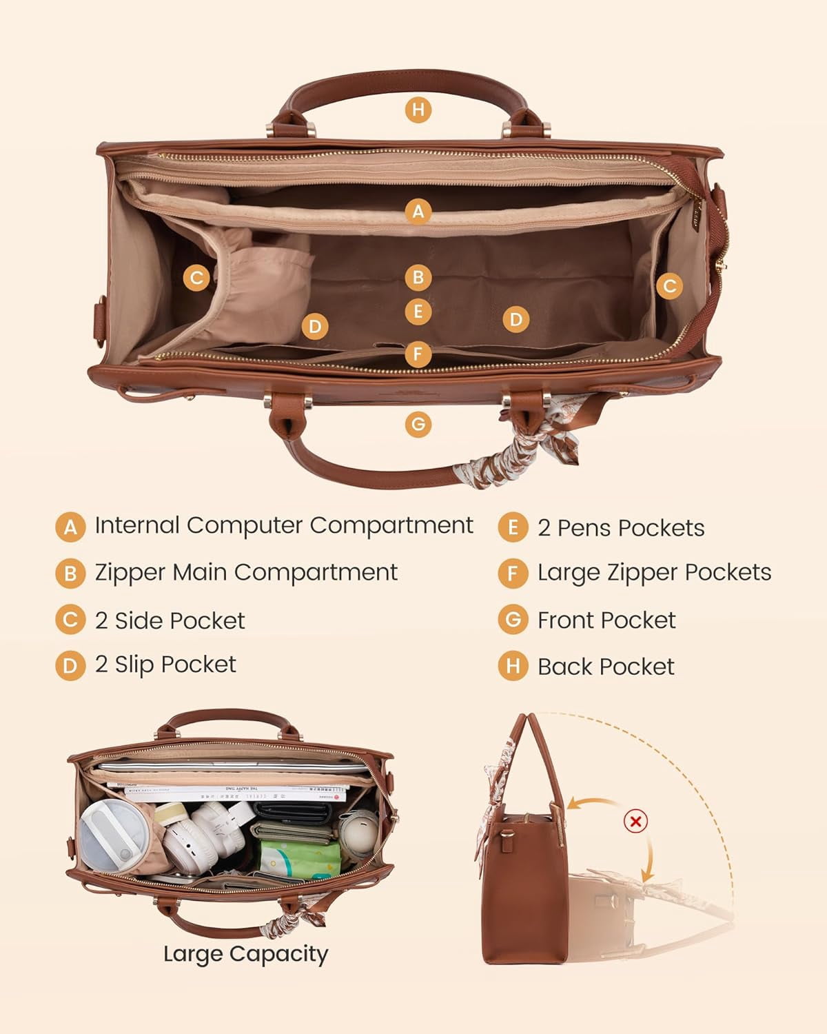 LOVEVOOK Laptop Tote Bag for Women, PU Leather Work Bag Waterproof Briefcase Handbag for Teacher Business with Silk Scarf