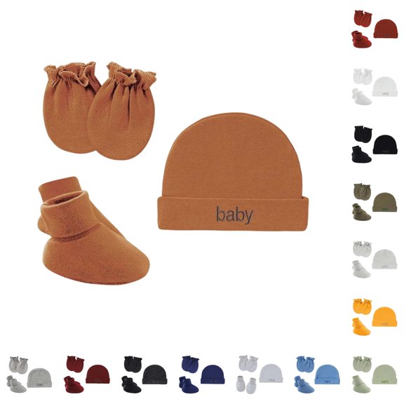 Krdevn Embroidered Hat with Hand Covers and Foot Socks, Stretchy Gentle Fit Set for Everyday Wear (Baby),0-5 Months